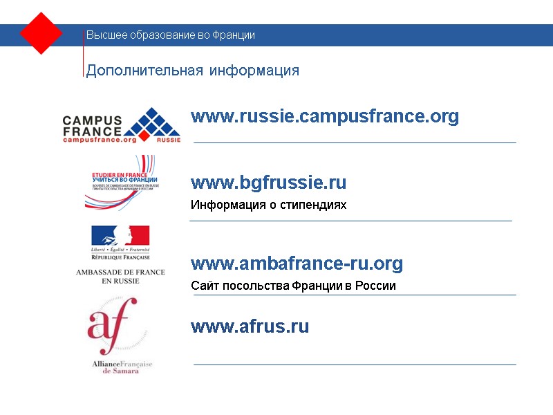 Дополнительная информация  www.russie.campusfrance.org    www.bgfrussie.ru  Информация о стипендиях  